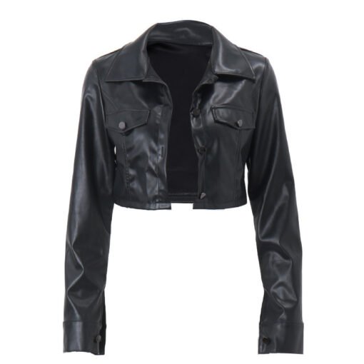 Maillard Style Personality Lapel Breasted Navel PU Leather Cardigan Coat - Image 3