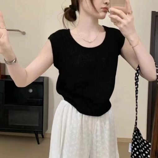 Vapetix One size fits all-One size fits all  Korean Style Casual Shoulder Crewneck Ice Silk Waistcoat Women's Summer Commuter Fashionable Thin S - 图片 2