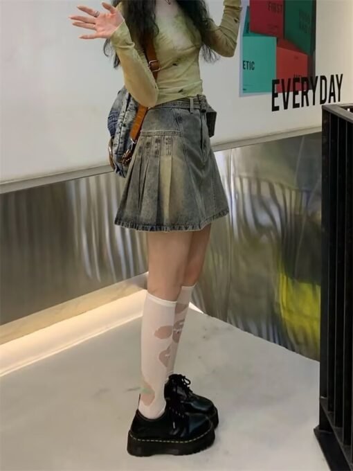 Vapetix S-3XL  American Retro Pleated Pleated Denim Skirt Women's Design High Waist Slim A- line Hip Half-length S