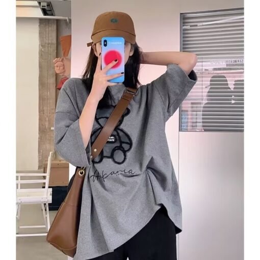 Vapetix M-2XL  2025 Summer New Loose Korean Style Foreign Style Age-reducing Slim Bear Design Top White T-shirt Wo