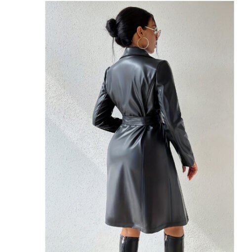 PU Long Sleeve Women's Slim Fit Long Trench Coat - Image 3