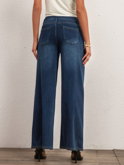 Shascullfites Mid Waist Wide Leg Jeans For Women Stretch Dark Blue Denim Casual Loose Fit Full Length Trousers With Pockets - Image 5