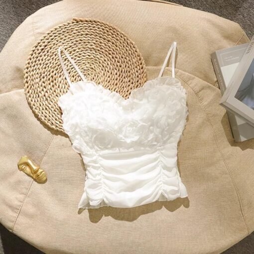 Vapetix One size fits all-One size fits all  Spring new pure wind three-dimensional flower mesh camisole comes with chest pad back elastic pleat - 图片 2