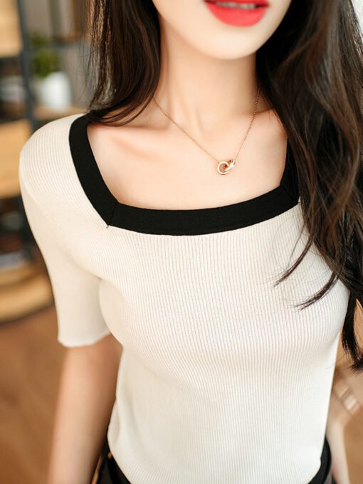 Vapetix One size fits all-One size fits all  Summer 2025 Thin Elegant Contrast Square Collar Short-sleeved Knit Sweater Women's Fashion Stylish - 图片 2