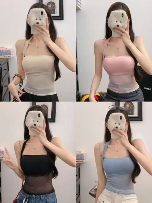 Vapetix One size fits all-One size fits all  Hot Girl Design Sense Mesh Hot Drilling Camisole Women's Summer New Niche Sexy Slim Fit Foreign Sty