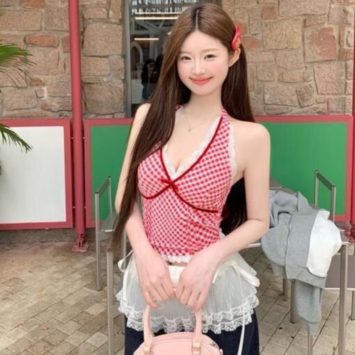Vapetix One size fits all-One size fits all  Lace Lace Neck Camisole Women's Summer 2025 New Sexy Hot Girl Plaid Color Contrast V-neck Top - 图片 2