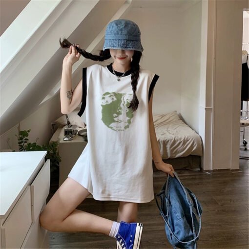 Vapetix M-3XL  (Official Figure 200g Pure Cotton) Summer Contrast Color Medium and Long dress Loose Sleeveless Ves - Image 2