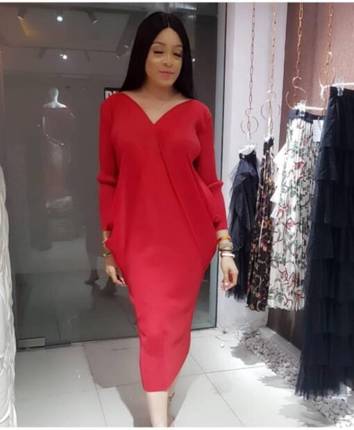 Vapetix One size fits all-One size fits all  Cross-border supply full pleated long sleeve V-neck long noble temperament solid color dress Europe - 图片 2