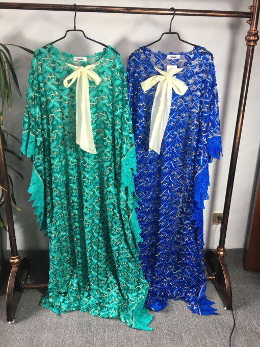 Vapetix One size fits all-One size fits all  Source Three-dimensional Small Flower Lace Embroidery Loose Round Neck Batwing Sleeve Muslim Gown A - 图片 6