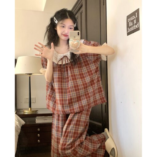 Vapetix M-XXL  Ins Korean-style Pajamas Women's Summer Short-sleeved Trousers Sweet Lace Trimmed Popular Home Clot