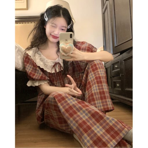 Vapetix M-XXL  Ins Korean-style Pajamas Women's Summer Short-sleeved Trousers Sweet Lace Trimmed Popular Home Clot - Image 2