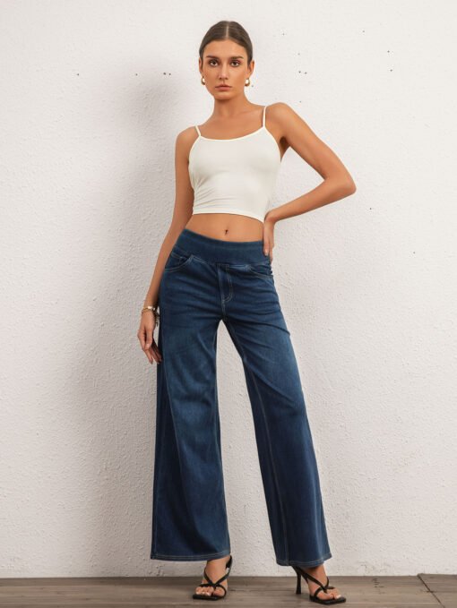 Shascullfites Mid Waist Wide Leg Jeans For Women Stretch Dark Blue Denim Casual Loose Fit Full Length Trousers With Pockets - Image 3