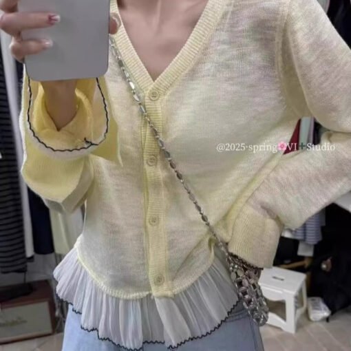Vapetix One size fits all-One size fits all  Korean Style Gentle Lace Horn Sleeve Knitted Cardigan Women's Spring and Summer Thin Outer Wear V-N - Image 2