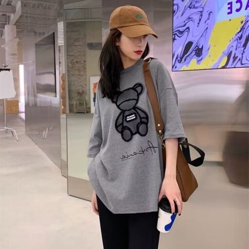 Vapetix M-2XL  2025 Summer New Loose Korean Style Foreign Style Age-reducing Slim Bear Design Top White T-shirt Wo - 图片 2