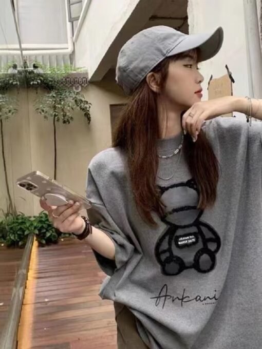 Vapetix M-2XL  2025 Summer New Loose Korean Style Foreign Style Age-reducing Slim Bear Design Top White T-shirt Wo - 图片 3