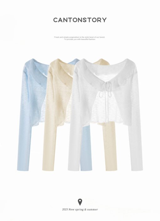 Vapetix One size fits all-One size fits all  Ruffled Lace-up Ice Silk Knitted Cardigan Women's Thin Summer Short Outer Strap Skirt Shawl Sunscre - 图片 3
