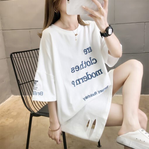 Vapetix M 80-115 pounds-XXL 166-200 pounds  Real 6535 Cotton Korean Style Mid-length Embroidered 2025 New Korean Style Short-sleeved T-shirt Wo