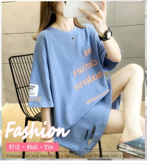 Vapetix M 80-115 pounds-XXL 166-200 pounds  Real 6535 Cotton Korean Style Mid-length Embroidered 2025 New Korean Style Short-sleeved T-shirt Wo - Image 5