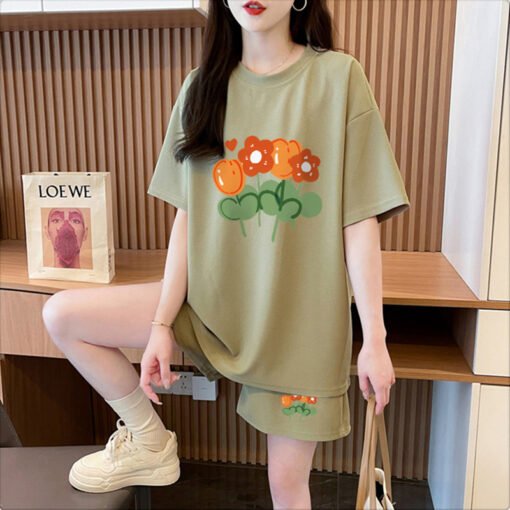 Vapetix M-XL  New cotton 21 200g 2025 summer casual sports short sleeve T-shirt shorts women's two-piece set - Image 4