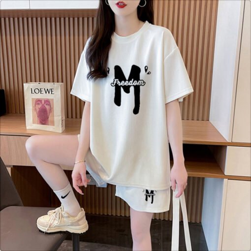 Vapetix M-XL  New cotton 21 200g 2025 summer casual sports short sleeve T-shirt shorts women's two-piece set - Image 2