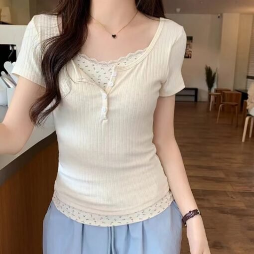 Vapetix S-XL  Fake Two-piece Lace Short-sleeved T-shirt Women's Summer Design Sense Slim-fit Slimming Sweet Spice