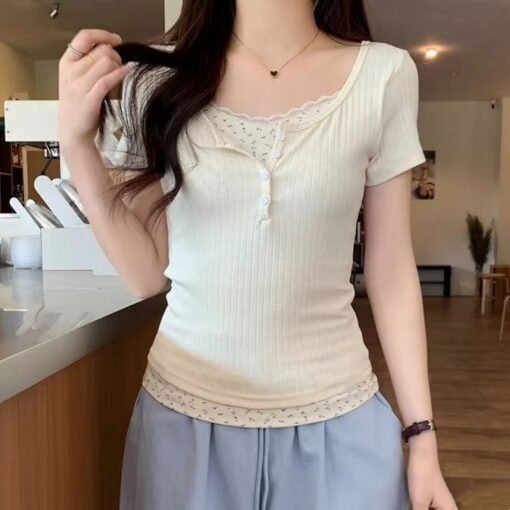 Vapetix S-XL  Fake Two-piece Lace Short-sleeved T-shirt Women's Summer Design Sense Slim-fit Slimming Sweet Spice - Image 2