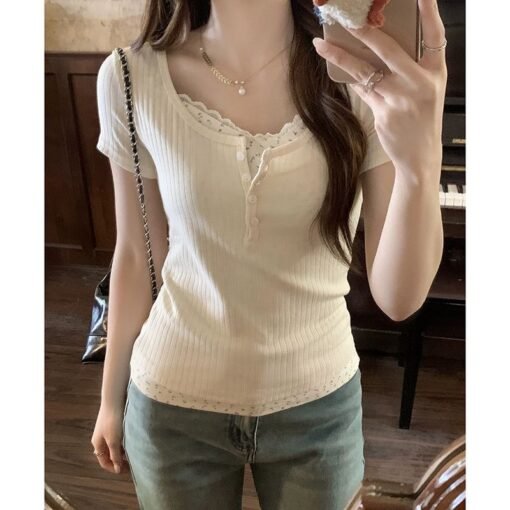 Vapetix M-2XL  Fake Two-piece Lace Short-sleeved T-shirt Women's Summer Design Sense Slim-fit Slimming Sweet Spice