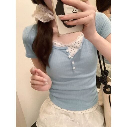Vapetix M-2XL  Fake Two-piece Lace Short-sleeved T-shirt Women's Summer Design Sense Slim-fit Slimming Sweet Spice - Image 2