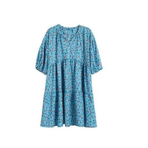 Vapetix M-3XL  2025 Blue Floral dress Fresh Style Bubble Sleeve V-neck Doll Dress Summer Loose Gentle Style Dress - 图片 2
