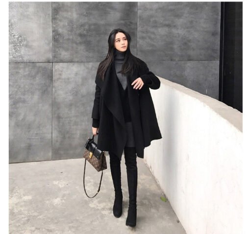 Black Medium Long Irregular Loose Cloak Woolen Coat - Image 6