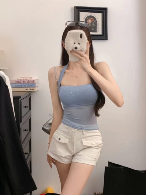 Vapetix One size fits all-One size fits all  Hot Girl Design Sense Mesh Hot Drilling Camisole Women's Summer New Niche Sexy Slim Fit Foreign Sty - 图片 2