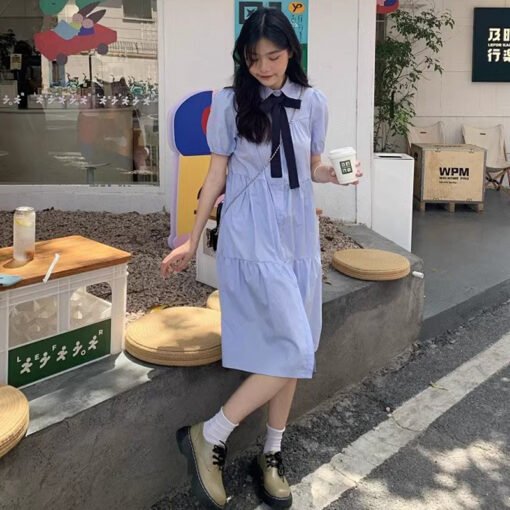 Vapetix S-2XL  Bow Shirt dress Women's Summer New plus size Chubby Sister Slim Belly Covering Foreign Style Super - Image 2
