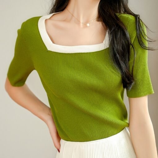 Vapetix One size fits all-One size fits all  Summer 2025 Thin Elegant Contrast Square Collar Short-sleeved Knit Sweater Women's Fashion Stylish - 图片 4