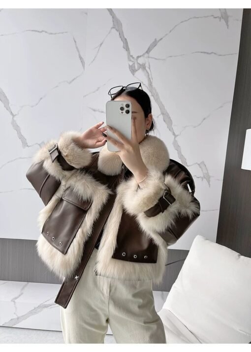 Sense Fox Fur Stitching Leather Coat - Image 7