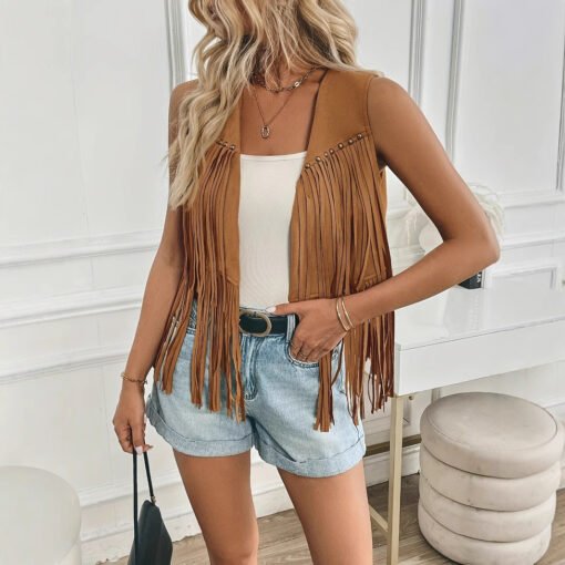 Women's Western Cowboy Style Tassel Casual Solid Color Jacket - Image 6