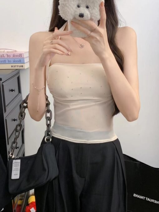 Vapetix One size fits all-One size fits all  Hot Girl Design Sense Mesh Hot Drilling Camisole Women's Summer New Niche Sexy Slim Fit Foreign Sty - 图片 3
