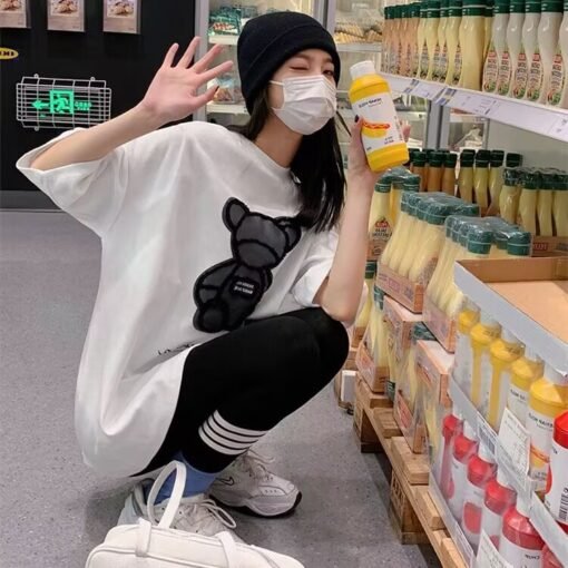 Vapetix M-2XL  2025 Summer New Loose Korean Style Foreign Style Age-reducing Slim Bear Design Top White T-shirt Wo - 图片 5