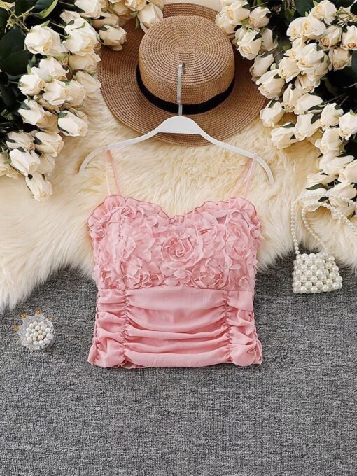Vapetix One size fits all-One size fits all  Spring new pure wind three-dimensional flower mesh camisole comes with chest pad back elastic pleat - 图片 4