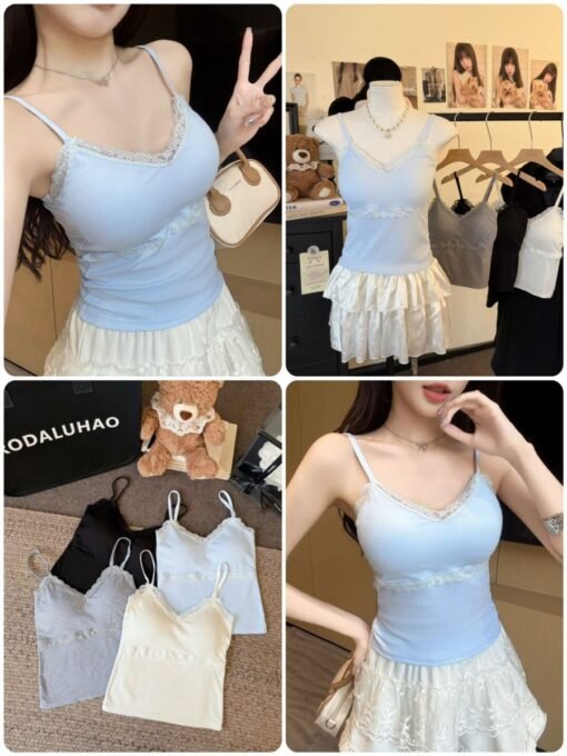 Vapetix One size fits all-One size fits all  Real Shot Summer Korean Style Slim-fit Pure Desire Lace Stitching Design Sense Slim Sling Inner Ves - 图片 3