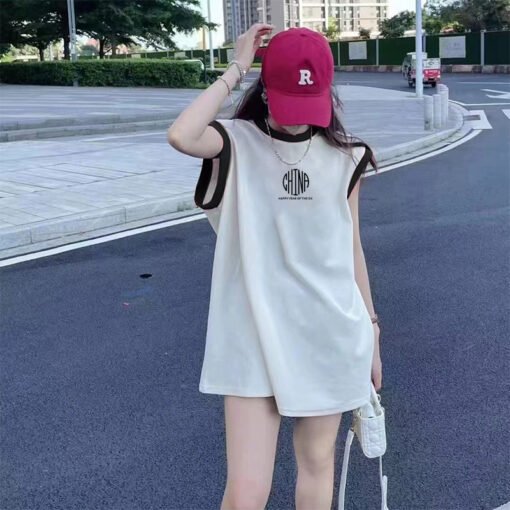 Vapetix M-3XL  (Official Figure 200g Pure Cotton) Summer Contrast Color Medium and Long dress Loose Sleeveless Ves - Obrázek 2