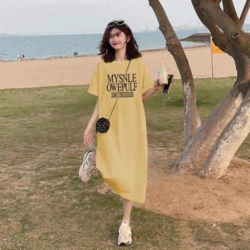 Vapetix M-3XL  (Official Figure 200g Cotton) Summer plus size Loose Long Knee-length dress chubby girl Short-sleev - 图片 2