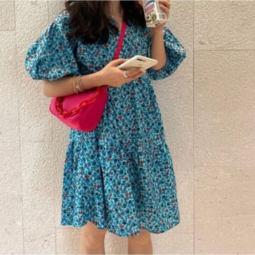 Vapetix M-3XL  2025 Blue Floral dress Fresh Style Bubble Sleeve V-neck Doll Dress Summer Loose Gentle Style Dress - 图片 3