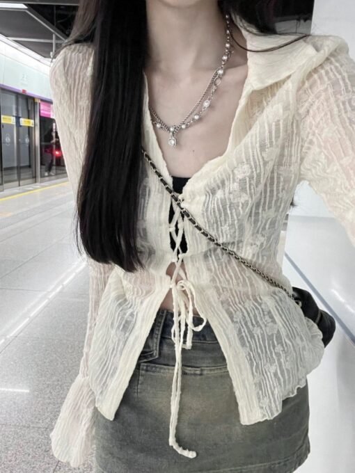 Vapetix S-XL  apricot Chiffon Sunscreen Shirt Women's Spring and Summer Slim-fit Long-sleeved Shirt V-neck Irregu - Image 2