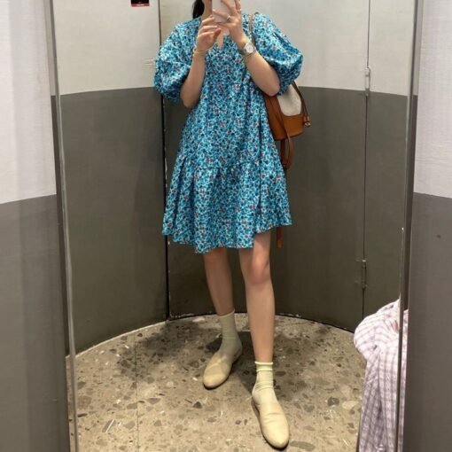 Vapetix M-3XL  2025 Blue Floral dress Fresh Style Bubble Sleeve V-neck Doll Dress Summer Loose Gentle Style Dress - 图片 4