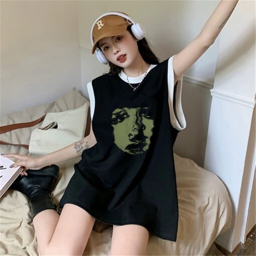 Vapetix M-3XL  (Official Figure 200g Pure Cotton) Summer Contrast Color Medium and Long dress Loose Sleeveless Ves - Image 4