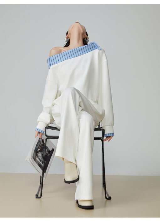 Two Piece Set Of Blue And White Striped Collared Sloping Shoulder Hoodie And Wide Leg Pants - Image 2