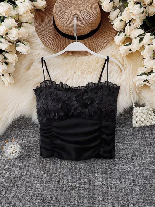 Vapetix One size fits all-One size fits all  Spring new pure wind three-dimensional flower mesh camisole comes with chest pad back elastic pleat - 图片 5
