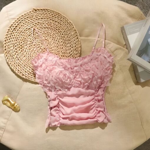 Vapetix One size fits all-One size fits all  Spring new pure wind three-dimensional flower mesh camisole comes with chest pad back elastic pleat - 图片 6