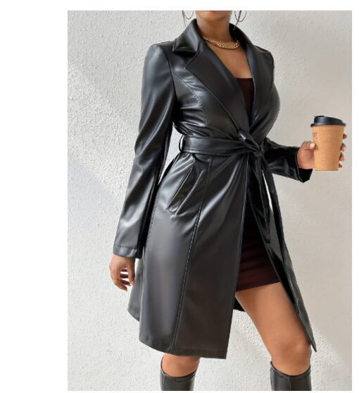 PU Long Sleeve Women's Slim Fit Long Trench Coat - Image 2