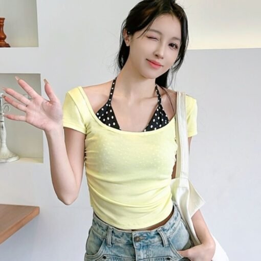Vapetix One size fits all-One size fits all  Fake Two-Piece Polar Neck Short-Sleeved T-Shirt Women's Summer Slim-Fit Pure Backless Slimming Cont - 图片 2